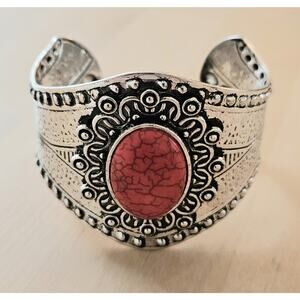 Vintage Navajo Style Silver Red Stone Cabochon Cuff Bracelet